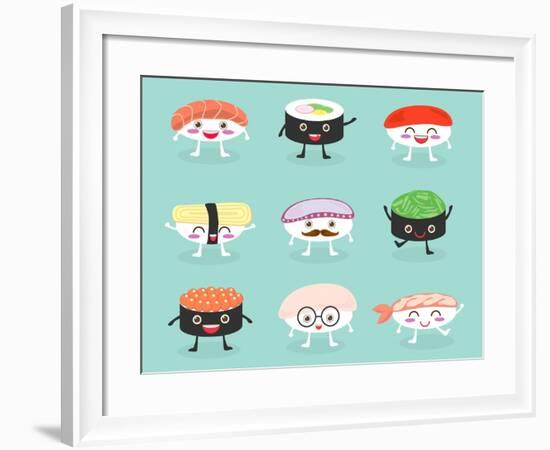 Sushi Set, Cute Sushi Set, Japanese Food, Sushi Icons, Vector Cartoon. Cartoon Characters, Vector I-What's My Name-Framed Art Print