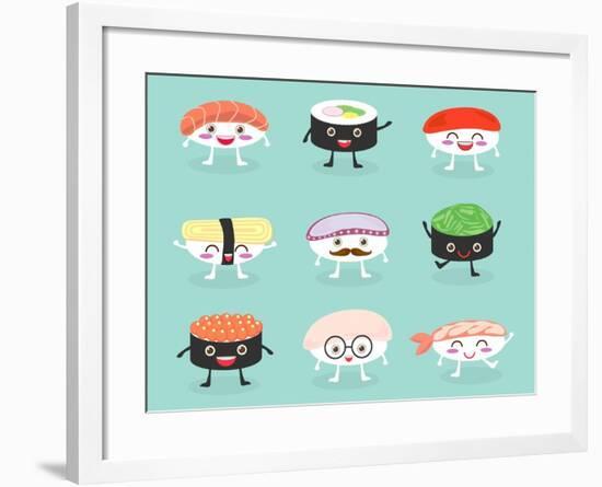 Sushi Set, Cute Sushi Set, Japanese Food, Sushi Icons, Vector Cartoon. Cartoon Characters, Vector I-What's My Name-Framed Art Print