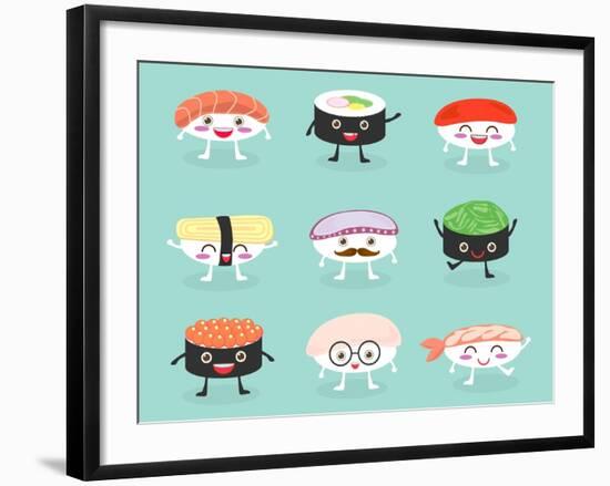 Sushi Set, Cute Sushi Set, Japanese Food, Sushi Icons, Vector Cartoon. Cartoon Characters, Vector I-What's My Name-Framed Art Print