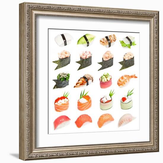 Sushi Set - Different Types Of Sushes Isolated On White Background-heckmannoleg-Framed Art Print