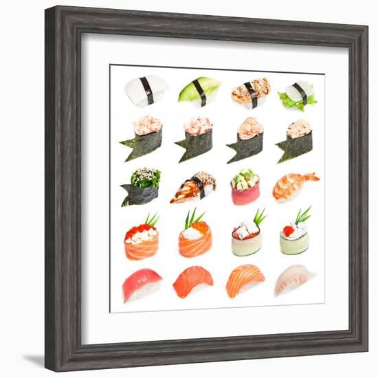 Sushi Set - Different Types Of Sushes Isolated On White Background-heckmannoleg-Framed Art Print