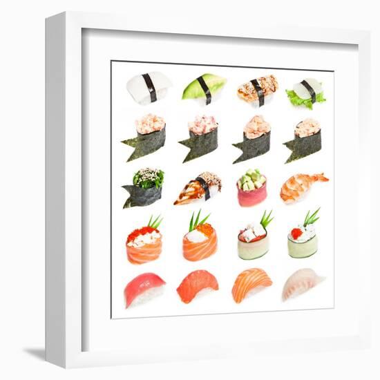 Sushi Set - Different Types Of Sushes Isolated On White Background-heckmannoleg-Framed Art Print