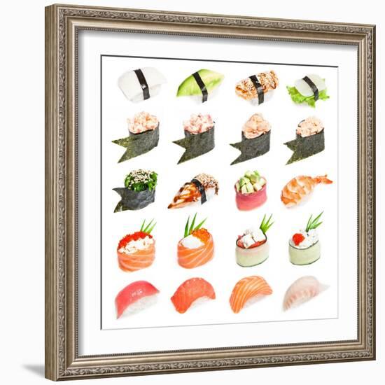 Sushi Set - Different Types Of Sushes Isolated On White Background-heckmannoleg-Framed Art Print