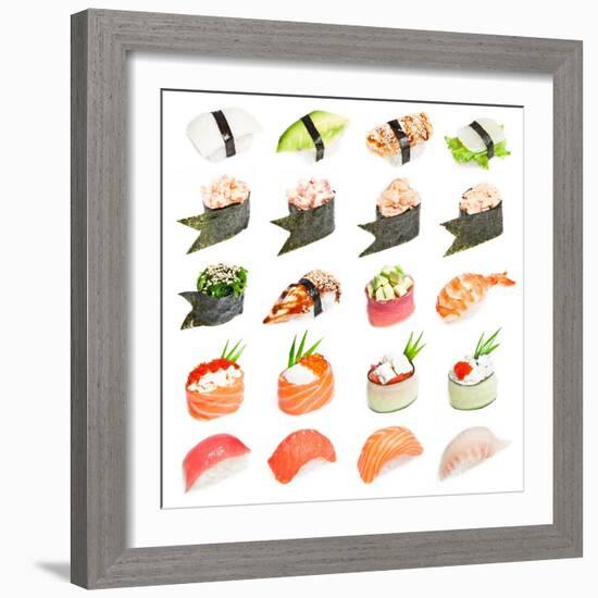 Sushi Set - Different Types Of Sushes Isolated On White Background-heckmannoleg-Framed Art Print