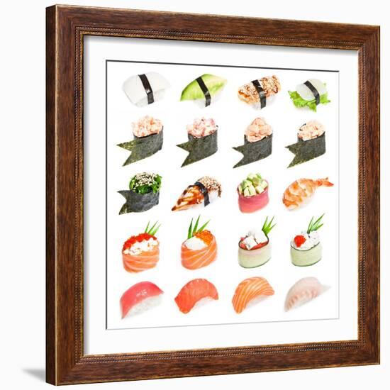 Sushi Set - Different Types Of Sushes Isolated On White Background-heckmannoleg-Framed Art Print