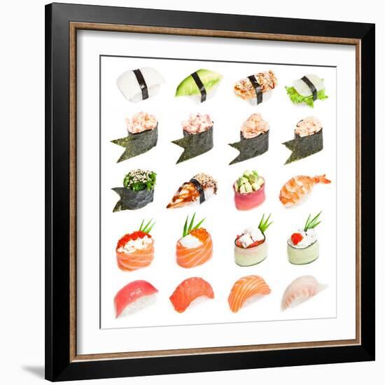 Sushi Set - Different Types Of Sushes Isolated On White Background-heckmannoleg-Framed Art Print