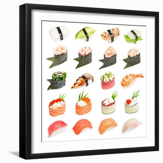 Sushi Set - Different Types Of Sushes Isolated On White Background-heckmannoleg-Framed Art Print