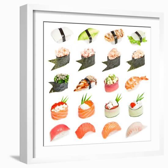 Sushi Set - Different Types Of Sushes Isolated On White Background-heckmannoleg-Framed Art Print