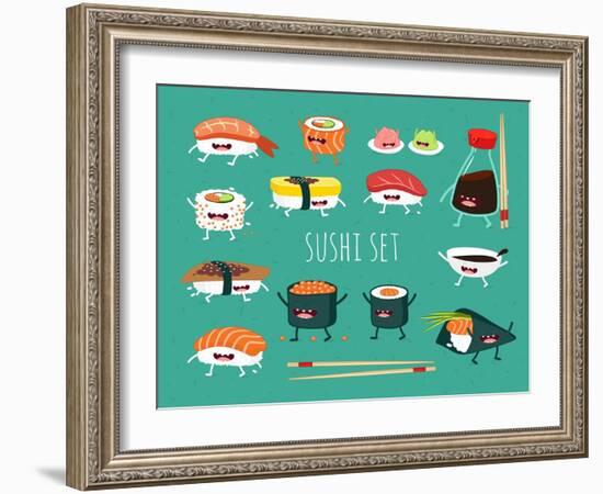 Sushi Set. Soy Sauce and Sushi Roll. Japanese Food. Vector Cartoon. Friends Forever. Comic Characte-Serbinka-Framed Art Print