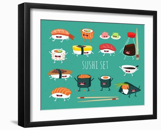 Sushi Set. Soy Sauce and Sushi Roll. Japanese Food. Vector Cartoon. Friends Forever. Comic Characte-Serbinka-Framed Art Print
