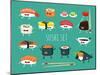 Sushi Set. Soy Sauce and Sushi Roll. Japanese Food. Vector Cartoon. Friends Forever. Comic Characte-Serbinka-Mounted Art Print