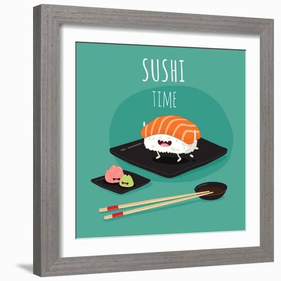 Sushi Time Poster. Funny Sushi on a Black Plate. Vector Illustration.-Serbinka-Framed Art Print