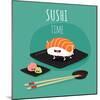 Sushi Time Poster. Funny Sushi on a Black Plate. Vector Illustration.-Serbinka-Mounted Art Print