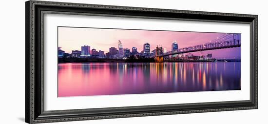 Suspension Bridge across the Ohio River with Skyscrapers in the Background, Cincinnati, Ohio, USA-null-Framed Photographic Print