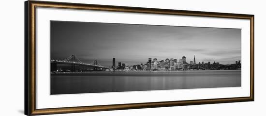 Suspension Bridge with City Skyline at Dusk, Bay Bridge, San Francisco Bay, San Francisco-null-Framed Photographic Print