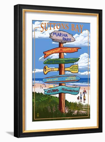 Suttons Bay - Marina Park, Michigan - Sign Post-Lantern Press-Framed Art Print