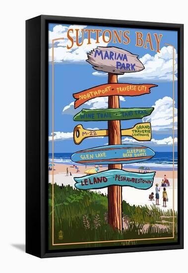 Suttons Bay - Marina Park, Michigan - Sign Post-Lantern Press-Framed Stretched Canvas
