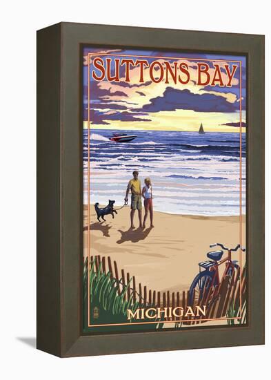 Suttons Bay, Michigan - Sunset on Beach-Lantern Press-Framed Stretched Canvas