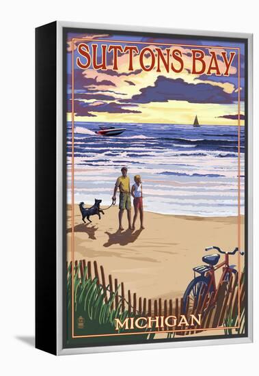 Suttons Bay, Michigan - Sunset on Beach-Lantern Press-Framed Stretched Canvas