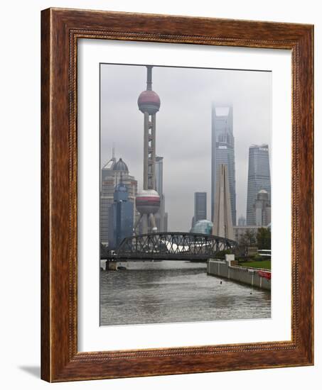 Suzhou Creek and the Waibaidu Bridge with View Towards the Pudong Skyline, Shanghai, China, Asia-Amanda Hall-Framed Photographic Print