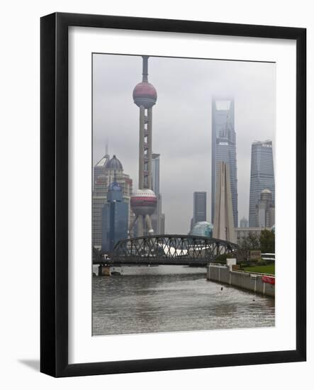 Suzhou Creek and the Waibaidu Bridge with View Towards the Pudong Skyline, Shanghai, China, Asia-Amanda Hall-Framed Photographic Print