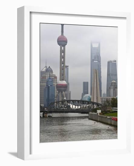 Suzhou Creek and the Waibaidu Bridge with View Towards the Pudong Skyline, Shanghai, China, Asia-Amanda Hall-Framed Photographic Print