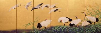 Six-Fold Screen Depicting Reeds and Cranes, Edo Period, Japanese, 19th Century-Suzuki Kiitsu-Framed Premier Image Canvas