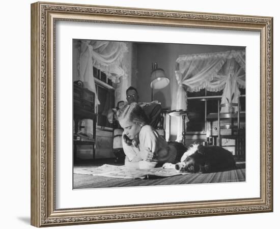 Suzy Creech, Typical 10 Year Old Girl Known as "Pigtailer" Reading Comics-Frank Scherschel-Framed Photographic Print