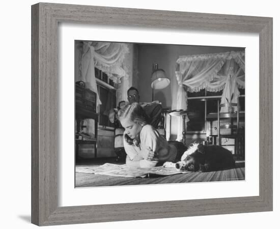 Suzy Creech, Typical 10 Year Old Girl Known as "Pigtailer" Reading Comics-Frank Scherschel-Framed Photographic Print