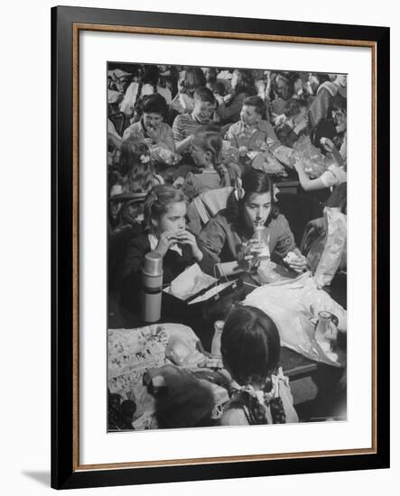 Suzy Creech with Friend Wilma, Typical Girls Known as "Pigtailers" Eating Lunch in Cafeteria-Frank Scherschel-Framed Photographic Print