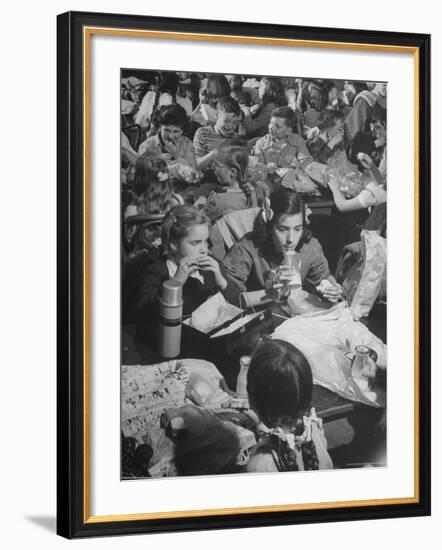 Suzy Creech with Friend Wilma, Typical Girls Known as "Pigtailers" Eating Lunch in Cafeteria-Frank Scherschel-Framed Photographic Print