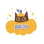 Bad Seed Lettering Text Sticker and Cozy Cat in Pumpkin. Cute Halloween Concept, T-Shirt Print, Des-Svetlana Shamshurina-Photographic Print