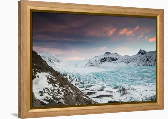 Svinafellsjokull glacier at sunrise in the Skaftafell National Park in southern Iceland.-Alex Saberi-Framed Premier Image Canvas