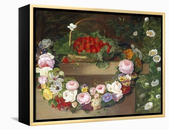 Swag of Beautiful Summer Flowers and Strawberries-null-Framed Premier Image Canvas