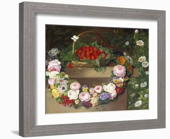 Swag of Beautiful Summer Flowers and Strawberries-null-Framed Giclee Print