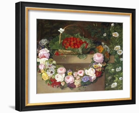 Swag of Beautiful Summer Flowers and Strawberries-null-Framed Giclee Print