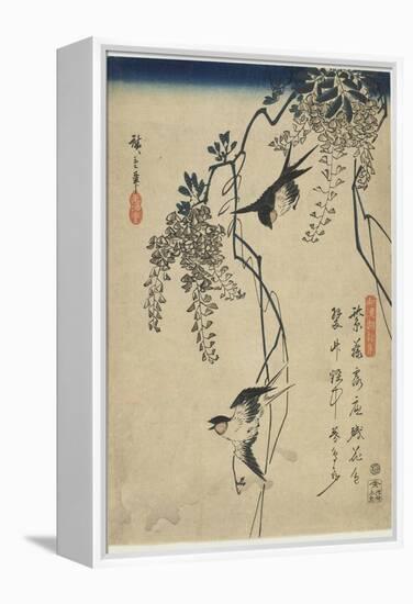 Swallows Flying Through Wisteria Vines, 1837-1844-Utagawa Hiroshige-Framed Premier Image Canvas