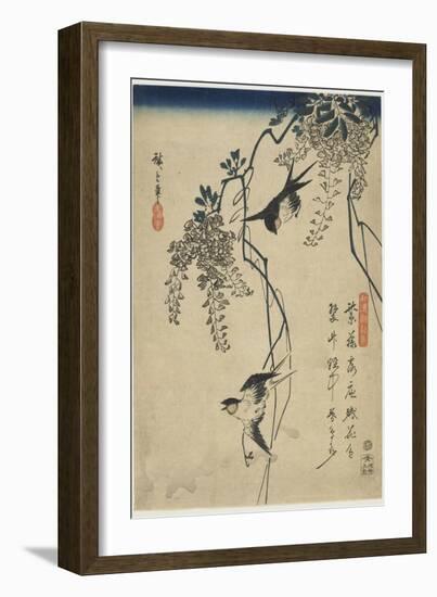 Swallows Flying Through Wisteria Vines, 1837-1844-Utagawa Hiroshige-Framed Giclee Print