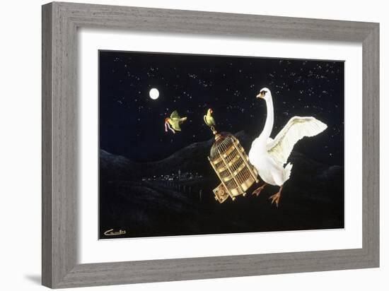 Swan and Two Birds Carrying Bird Cage Flying at Night-Eduardo Camoes-Framed Giclee Print