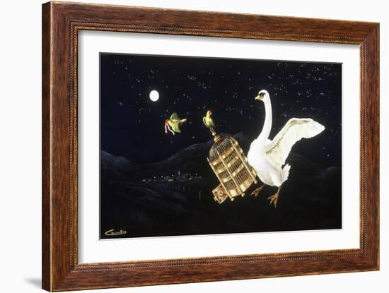 Swan and Two Birds Carrying Bird Cage Flying at Night-Eduardo Camoes-Framed Giclee Print