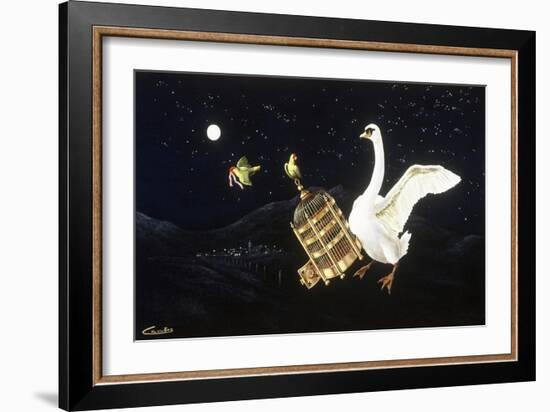 Swan and Two Birds Carrying Bird Cage Flying at Night-Eduardo Camoes-Framed Giclee Print