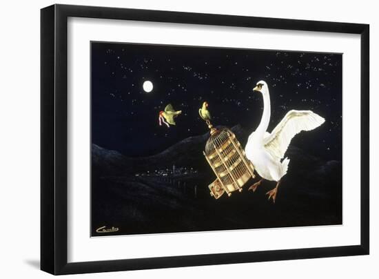 Swan and Two Birds Carrying Bird Cage Flying at Night-Eduardo Camoes-Framed Giclee Print