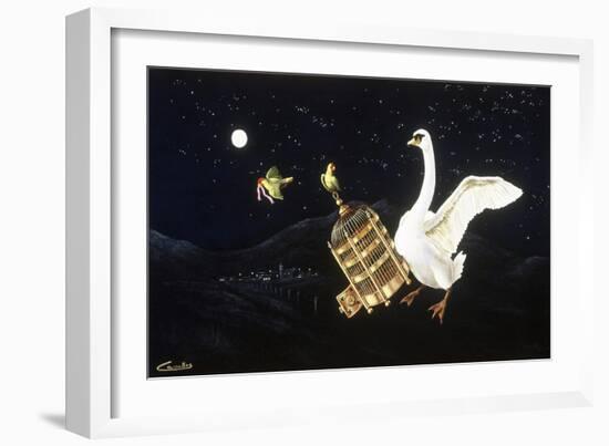 Swan and Two Birds Carrying Bird Cage Flying at Night-Eduardo Camoes-Framed Giclee Print