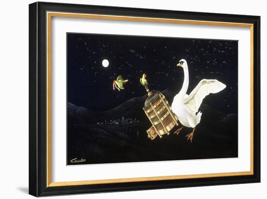 Swan and Two Birds Carrying Bird Cage Flying at Night-Eduardo Camoes-Framed Giclee Print