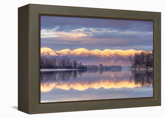 Swan Mountains Reflect into the Flathead River, Sunset, Montana, USA-Chuck Haney-Framed Premier Image Canvas