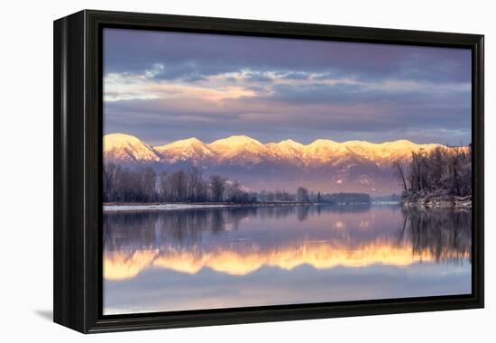 Swan Mountains Reflect into the Flathead River, Sunset, Montana, USA-Chuck Haney-Framed Premier Image Canvas