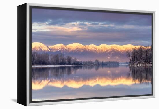 Swan Mountains Reflect into the Flathead River, Sunset, Montana, USA-Chuck Haney-Framed Premier Image Canvas