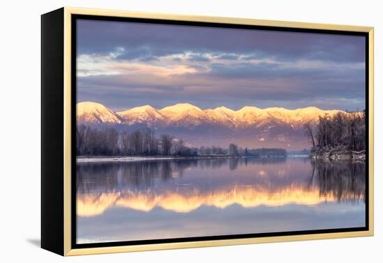 Swan Mountains Reflect into the Flathead River, Sunset, Montana, USA-Chuck Haney-Framed Premier Image Canvas