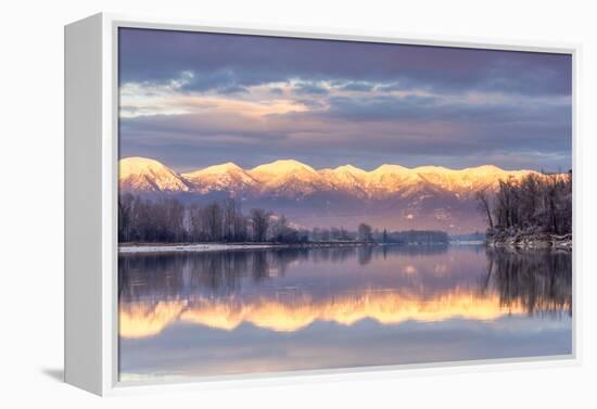 Swan Mountains Reflect into the Flathead River, Sunset, Montana, USA-Chuck Haney-Framed Premier Image Canvas