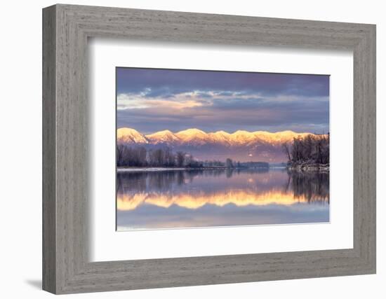 Swan Mountains Reflect into the Flathead River, Sunset, Montana, USA-Chuck Haney-Framed Photographic Print